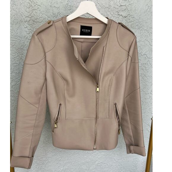 Guess Jackets & Blazers - Guess Cream Tan Vegan Leather Biker Jacket – Size Medium w Flaws
